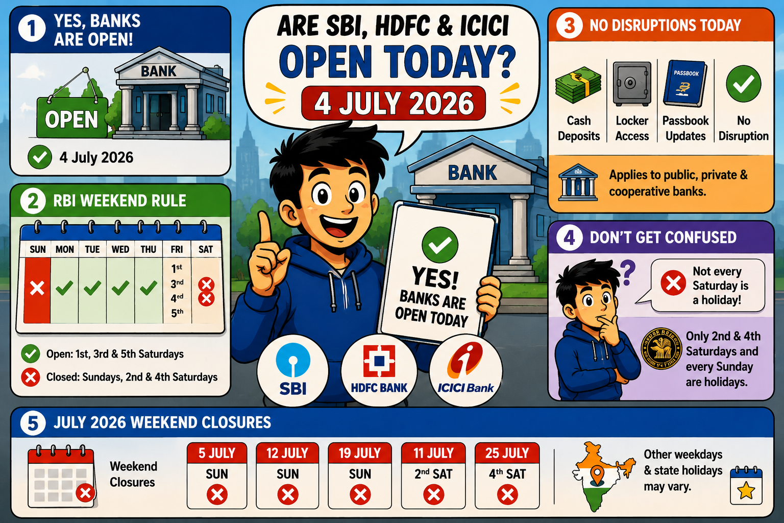 Is SBI, HDFC and ICICI Open Today, 4 July 2026?