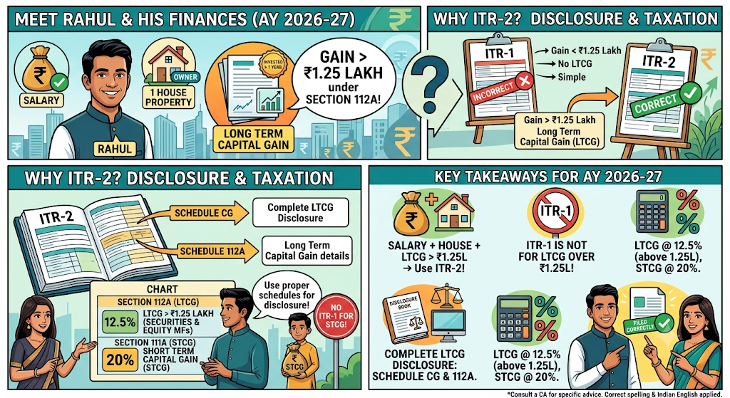 Which ITR Form Is To Be Filed For AY 2026-27? If we have Salary, 1 House and LTCG under Section 112A Exceeding ₹1.25 Lakh