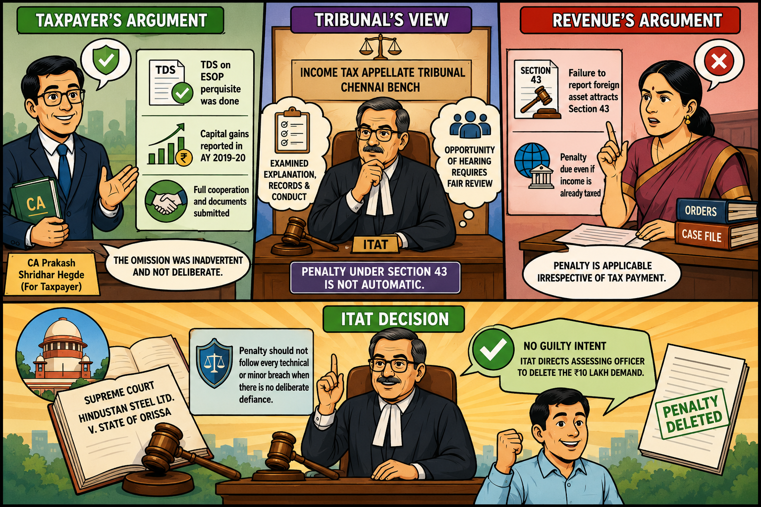 ITAT Cancels ₹10 Lakh Black Money Act Penalty Over Foreign ESOP Disclosure Lapse Chennai ITAT deleted a ₹10 lakh penalty after finding that an employee’s foreign ESOP disclosure lapse was genuine, with related income already taxed in India. Key Highlights Chennai ITAT removed the ₹10 lakh penalty after finding no deliberate concealment in the employee’s failure to report foreign ESOPs in Schedule FA. A Mumbai ITAT Special Bench had earlier ruled on 14 October 2025 that a Section 43 penalty is discretionary, not automatic. The Chennai Bench of the Income Tax Appellate Tribunal cancelled a ₹10 lakh Black Money Act penalty imposed on Kishore Kumar Rajagopal for not reporting foreign ESOP shares in his income tax return. The bench pronounced its order on 1 April 2026 after hearing the appeals on 24 March 2026 in Chennai. It found that the ESOP perquisite had faced TDS and that capital gains from the later sale were declared in AY 2019-20. The ruling can help salaried employees who received shares from foreign parent companies and made a genuine Schedule FA filing error. Yet it does not remove the disclosure duty. In the short term, taxpayers with similar notices may rely on their Form 16, grant records and sale documents. Over a longer period, the order may push tax officers to examine conduct and tax records before raising a fixed penalty. How Will This Affect Indian Employees With Foreign ESOPs? Indian employees in technology, consulting, manufacturing and financial services often receive ESOPs or restricted stock units from overseas parent companies. Those shares may remain in a foreign brokerage or trustee account. Some employees then assume that no separate disclosure is needed because the employer has already included the taxable perquisite in Form 16. That assumption can bring an income tax notice. The positive part of the ruling is narrow but useful. A genuine filing lapse does not have to end in an automatic ₹10 lakh penalty when the taxpayer can show a complete tax trail. The employee still needs records. Vesting statements, ESOP grant letters, foreign broker reports, Form 16 entries and capital gains calculations can show that the transaction was reported for tax, even when Schedule FA was missed. Why Did ITAT Cancel The ₹10 Lakh Penalty? Rajagopal had worked overseas with Vedanta Limited and received ESOPs in Vedanta Resources PLC, its UK-based foreign parent. Sanne Fiduciary Services Limited in Jersey administered the shares through a fiduciary arrangement. He filed his return for AY 2016-17 on 22 February 2018 but did not enter the shares in Schedule FA. The tax department initiated proceedings under Section 43 of the Black Money Act and imposed ₹10 lakh. The bench found that the foreign shares had not been kept outside the Indian tax record. The ESOP value was treated as an employment perquisite and subjected to TDS. When the employee later sold the shares, he offered the capital gains to tax in AY 2019-20. The tribunal found no evidence of hidden income, unexplained investment or deliberate non-reporting. It called the omission a bona fide filing lapse. The table below sets out the case record and the filing position that employees should check before submitting their returns. Case Or Filing Point Verified Detail Taxpayer Kishore Kumar Rajagopal Foreign company Vedanta Resources PLC, UK Nature of holding ESOP shares are administered through a Jersey fiduciary arrangement Missed entry Foreign shares not reported in Schedule FA Original penalty ₹10 lakh under Section 43 of the Black Money Act Tax treatment ESOP perquisites are subject to TDS and capital gains declared in AY 2019-20 Appeals covered AY 2016-17, AY 2017-18, and AY 2018-19 CIT(A) orders 18 August 2025 ITAT decision Penalty deleted on 1 April 2026 Official filing position The Income Tax Department’s Schedule FA page covers foreign shares, accounts, financial interests, property, trusts and overseas income The official filing rule remains wider than the tax on the ESOP benefit. Schedule FA applies to resident taxpayers who hold, own or have a beneficial interest in a foreign asset or receive income from outside India. It covers equity holdings even when the shares have not been sold. Residents but not ordinarily resident and non-residents generally do not complete this schedule. What Happened Before The April 2026 Decision? The Commissioner of Income Tax (Appeals), Chennai-18, had upheld the penalties through 3 orders dated 18 August 2025. Rajagopal then approached ITAT through BMA Nos. 16, 17 and 18/CHNY/2025. His representative argued that the omission occurred during the initial period of foreign asset reporting and that the fiduciary holding structure created uncertainty around the entry. A previous Chennai ITAT ruling had already offered relief in a similar ESOP dispute. In Vasanthan Jayaraman v. Addl. CIT, decided on 8 September 2025, the bench deleted the penalty after finding that the perquisite had appeared in Form 16 and tax had been paid on the later sale. Rajagopal’s representative relied on that order before the tribunal. Another major development came from the Mumbai ITAT Special Bench in Vinil Venugopal v. DDIT (Investigation) and Ranjeeta Vinil v. DDIT (Investigation). On 14 October 2025, the Special Bench held that the word “may” in Section 43 gives the assessing officer discretion. It rejected the view that every missed foreign asset entry must produce a penalty. Government policy had also started moving towards proportionate treatment for smaller overseas holdings. The Union Budget 2024 memorandum, released on 23 July 2024, recorded concerns that the fixed penalty could exceed the value of a small foreign asset. The amendment provided an exception for non-immovable foreign assets with an aggregate value of up to ₹20 lakh from 1 October 2024. That later relief did not affect Rajagopal’s older assessment years. What Did The Taxpayer, Revenue And Tribunal Say? Chartered accountant Prakash Shridhar Hegde, appearing for Rajagopal, told the bench that the omission was inadvertent. He pointed to TDS on the ESOP perquisite, capital gains reported in AY 2019-20 and the employee’s cooperation during the proceedings. His submission was supported by the return and tax documents placed before the ITAT. R. Anitha, Additional Commissioner of Income Tax, represented the revenue. She supported the earlier orders and argued that failure to report a foreign asset attracted Section 43 regardless of whether its income had already been taxed. The tribunal disagreed with an automatic approach. It found that an opportunity of hearing under the Act requires the officer to examine the taxpayer’s explanation, records and conduct. The bench also relied on the Supreme Court’s decision in Hindustan Steel Ltd. v. State of Orissa. That judgment held that a penalty should not follow every technical or minor breach, particularly where there is no deliberate defiance. In Rajagopal’s case, ITAT found no guilty intent and directed the assessing officer to delete the ₹10 lakh demand. What Do Tax Experts Advise After The Ruling? The sharper lesson for salaried taxpayers is that Form 16 and Schedule FA perform 2 different jobs. Form 16 can show tax on the employment benefit. Schedule FA tells the department that a foreign asset exists. Reporting the perquisite under salary does not replace the foreign asset entry, and declaring capital gains after a sale does not repair every earlier omission. Before filing, an employee should confirm residential status and collect the company name, country, vesting date, acquisition value, peak value, closing value, sale proceeds and custodian details. The return form also needs attention. A LoansJagat ITR Filing 2026 guide notes that overseas shares or foreign income may change the form a salaried taxpayer needs, even when salary remains the main source. From a taxpayer-facing view, the order creates a defence, not immunity. A person who discovers an older lapse should gather records and seek correction before a notice arrives. Repeated omissions, missing foreign income or weak documents may produce the opposite outcome. The ₹10 lakh relief came because Rajagopal’s full transaction had entered the tax system and his explanation matched the records. Conclusion The Chennai ITAT ruling protects a taxpayer whose foreign ESOP income was taxed and whose Schedule FA omission was supported by a bona fide explanation. It does not make foreign asset reporting optional. That line remains firm. Employees with shares in an overseas parent company should check Schedule FA before filing, even when payroll has already deducted tax. For older mistakes, early correction and complete paperwork offer a stronger route than waiting for a ₹10 lakh notice. Frequently Asked Questions Is foreign ESOP disclosure mandatory in ITR? Resident taxpayers generally need to report foreign ESOP shares in Schedule FA, even when the shares remain unsold. Does Form 16 reporting complete the ESOP disclosure? No. Form 16 may report the taxable perquisite, while Schedule FA separately reports the foreign shareholding. Is the ₹10 lakh section 43 penalty automatic? The Mumbai ITAT Special Bench held that the penalty is discretionary. Tax officers must review the facts before imposing it. Can every taxpayer use this ITAT ruling? No. Relief depends on the tax trail, filing history, documents and whether the omission was genuine. What records should an employee keep? Employees should retain grant letters, vesting statements, foreign broker records, Form 16, sale statements and capital gains calculations.