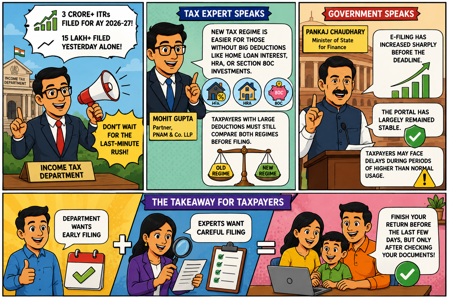 Due To A 3 Crore ITR Filing For AY 2026-27 The Tax Department Issues A July 31 Flying Deadline Sustained pressure remains from July 31 filings as over 3 crore ITRs were already filed. Taxpayers are currently verifying their AIS, 26AS forms, and refund statuses. Key Highlights The Income Tax Department reported that over 3 crore ITRs were filed for AY 2026-27, and last-minute ITR filings are discouraged. In previous years, the department extended help desk hours, released more ITR types, and implemented filing reminders. According to the Tax Department, over 3 crore ITRs were filed for AY 2026-27, and an unprecedented daily filing record was set at over 150,000 ITRs. Taxpayers are encouraged to not wait for the July 31 filing rush. The July 23, 2026 Moneycontrol report noted the July 31 filing deadline applies to most salaried individuals and the majority of taxpayers who are not subject to mandatory audit requirements. The short-term effect is already visible. More taxpayers are logging in, tax professionals are getting busier, and families are rushing to collect Form 16, bank interest certificates, capital gains statements and rent details. The long-term risk is slower. A return filed in haste can later lead to mismatch notices, delayed refunds, wrong tax regime selection or a revised return. For many taxpayers, the problem may not be filing itself. It may be filed without checking the numbers. How Will This Affect Taxpayers Across India? The filing update affects salaried employees first. A person with 1 employer, 1 bank account and no capital gains can usually file faster. Someone who changed jobs, sold mutual funds, earned FD interest, received dividend income or claimed house rent benefits has more work. Such taxpayers need to match the return with AIS, Form 26AS and Form 16 before clicking submit. There is a helpful side too. The official Income Tax Department e-filing portal has already shown that ITR-1, ITR-2, ITR-3 and ITR-4 for AY 2026-27 are live, with Excel utilities, online filing and offline filing enabled. That gives most individual taxpayers enough routes to file without waiting for the last night. The same portal also shows ITR utility updates, so taxpayers using offline forms should download the latest version instead of using an older file. The wider public impact is not only about tax payment. Refund claimants should also act early because processing starts only after a return is filed and verified. A refund bank account that is not validated can hold up payment. A mismatch in TDS can invite later correction. These are small details, but they cause the most frustration during peak season. A taxpayer also needs to pick the right form. ITR-1 is not for every salaried person. People with capital gains above eligible limits, foreign assets, business income or more complex income entries may need another form. The Income Tax Department’s downloads page lists the Common Offline Utility for ITR-1, ITR-2, ITR-3 and ITR-4 for AY 2026-27, with the latest version released on July 17, 2026. What Do Experts Say Taxpayers Should Do Now? Tax experts are asking people to file early, but not blindly. Moneycontrol quoted Mohit Gupta, Partner, PNAM & Co. LLP, as saying that many taxpayers prefer the new tax regime because they do not have large deductions such as home loan interest, HRA or Section 80C investments. He also said taxpayers with sizeable deductions should compare both regimes before making a choice. The fix is ordinary, but it takes patience. A taxpayer should download AIS, Form 26AS and Form 16 first. Then comes the slow check: salary income, savings account interest, FD interest, dividend income, capital gains, rent, deductions and TDS. The Income Tax India taxpayer guidance also asks taxpayers to file on or before the due date, verify Form 26AS, choose the correct ITR form and keep PAN, address, email and bank details accurate. LoansJagat’s tax desk takes a similar view. Its July 6, 2026 guide says wrong ITR form selection, AIS mismatch and delayed e-verification can turn a normal return into a tax notice or refund delay. That is a useful warning for borrowers too. Many salaried borrowers use ITR acknowledgements for personal loans, home loans, business loans or credit reassessment, so a delayed or faulty return can slow paperwork later. The LoansJagat guide places the issue where taxpayers often feel it, not in tax theory but in daily paperwork. Here is a quick filing check that taxpayers can use before submission. Filing Area What Taxpayers Should Check Why It Needs Attention ITR Forms ITR-1, ITR-2, ITR-3 and ITR-4 are live on the Income Tax Department e-filing portal. Wrong form selection can lead to a defective return notice. Form 26AS and AIS Salary, TDS, interest, dividend and capital gains entries should match actual records. Mismatches may delay processing or trigger a later query. Tax Regime Choice Old and new regimes should be compared before filing. A wrong choice can raise tax outgo or block deductions. Refund Bank Account The bank account should be validated on the portal. Refunds may not move smoothly if bank details fail validation. E-Verification Return filing should be followed by e-verification. An unverified return does not move for normal processing. The table shows why the last step should not be rushed. Filing is one part. Checking, submitting and verifying together complete the process. A taxpayer who stops after upload may still have unfinished compliance. What Was The Previous Development On This News? Before the 3 crore filing update, the department had already started preparing taxpayers through portal changes and reminders. The e-filing portal showed that major individual return forms were live for AY 2026-27. That rollout gave salaried taxpayers, HUFs and non-audit filers the forms needed to file before July 31. The department also widened support for the final filing period. The official downloads and support page says e-filing and Centralised Processing Centre support lines will operate 24x7 from 08:00 hrs on July 25, 2026, until 23:59 hrs on July 31, 2026. This move came as more taxpayers started logging in during the final stretch. There was also a wider portal-performance discussion before this update. In Parliament, Minister of State for Finance Pankaj Chaudhary said ITR filings between July 8 and July 14 more than doubled year-on-year on several days, reaching 12.22 lakh returns on July 14, while daily logins rose to nearly 99 lakh. The Economic Times reported this on July 21, 2026, while covering the government’s response on portal readiness. That earlier context explains why the department is warning taxpayers now. The portal may be ready for heavy use, but taxpayers still lose time when they file with missing papers. A crowded deadline week also leaves little space to correct rejected bank validation, wrong income entries or a forgotten deduction. Statements By Stakeholders The Income Tax Department said 3 crore+ ITRs had been filed for AY 2026-27 and that 15 lakh+ returns were filed on the previous day alone. Its message to taxpayers was direct: do not wait for the deadline rush. Mohit Gupta, Partner, PNAM & Co. LLP, said to Moneycontrol that the new tax regime has become easier for those who do not claim large deductions, like home loan interest, HRA, or Section 80C investments. They must also compare both regimes before filing, as he said taxpayers with large deductions must still compare both regimes before filing. Pankaj Chaudhary, Minister of State for Finance, said to Parliament that e-filing has increased sharply before the deadline. In his written reply, the portal has largely remained stable, and taxpayers may face delays during the periods of higher than normal usage, even though the system has largely remained stable. For taxpayers, the takeaway is plain. The department wants early filing. Experts want careful filing. Both warnings point to the same practical step: finish the return before the last few days, but only after checking the documents. Conclusion ITR filing numbers indicate that the week of busy tax filing has approached, with over 3 crore registered filings for AY 2026-27. The Income Tax Department has begun to release forms, issue reminders, and provide after-hours support, but the biggest concern for most citizens is not the portal, it is a rushed filing. There is no reason to delay filing your returns if your paperwork is in order and your income declarations are complete. You should take extra care when submitting your return if you have changed jobs, have capital gains, foreign income, rental income, business income, or significant deductions. It is always better to file your return a few days before the deadline than to file a return in a hurry at 11 PM on July 31. FAQs What happened in the latest ITR filing update? More than 3 crore ITRs have been filed for AY 2026-27, and the department has warned against last-minute filing. Who needs to file by July 31, 2026? Most salaried individuals, pensioners and non-audit HUF taxpayers need to file by July 31, 2026. What should taxpayers check before filing ITR? They should check AIS, Form 26AS, Form 16, bank interest, capital gains, deductions and refund bank details. Can taxpayers file after July 31? Yes, but late filing may attract a fee and can reduce some tax choices or benefits. Why is e-verification important after filing? The return moves for normal processing only after successful verification through the allowed methods.