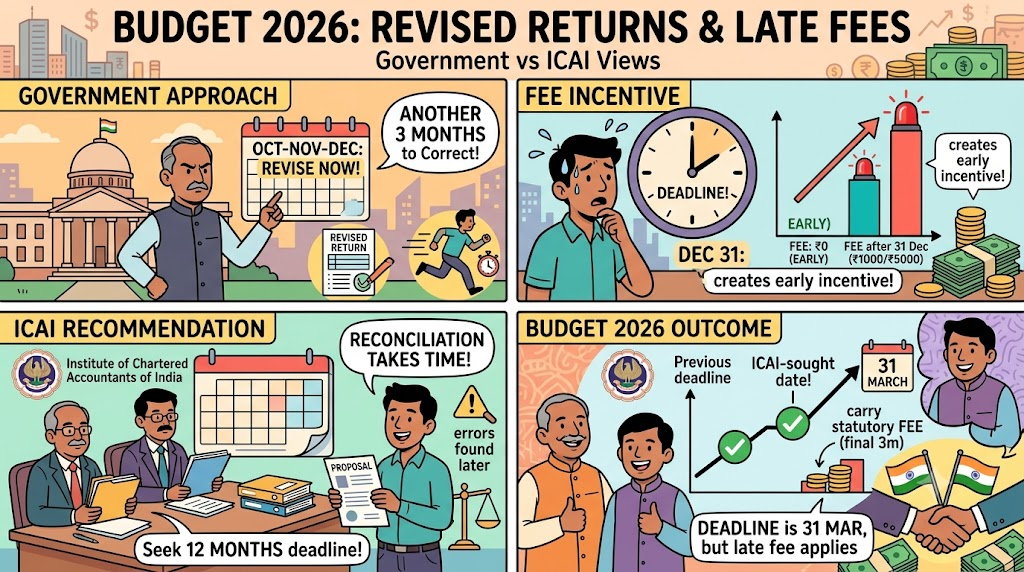 Budget 2026 revised ITR deadline and late fee explained with Government and ICAI views