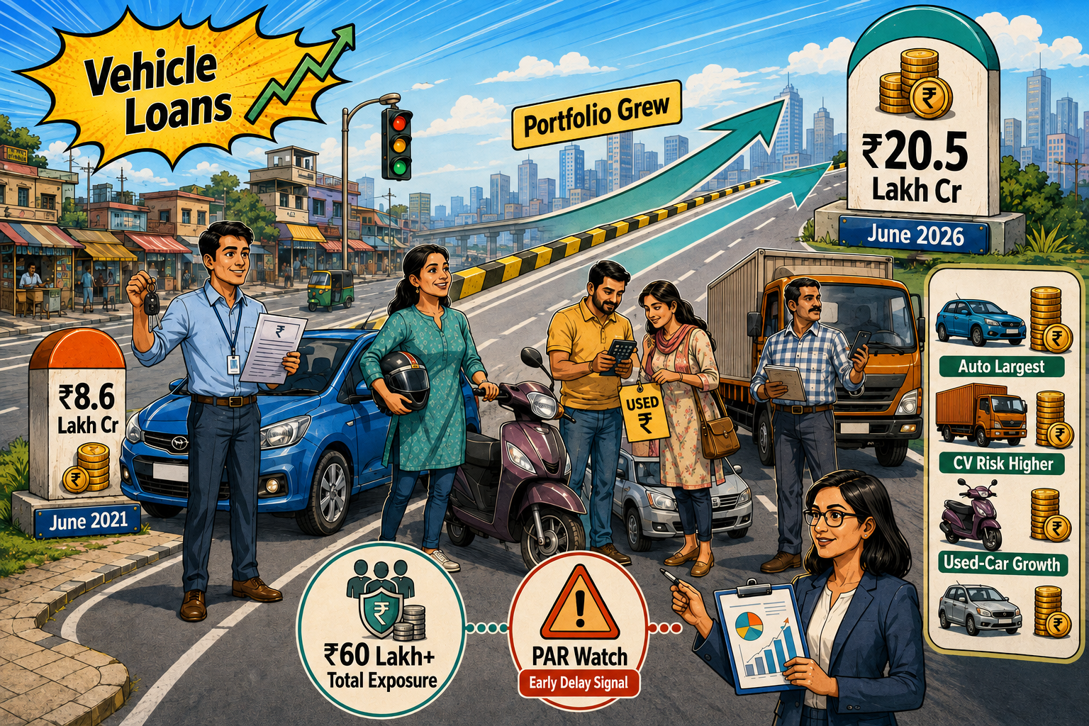 India’s vehicle loan portfolio reaches ₹20.5 lakh crore in June 2026, highlighting ₹60 lakh+ borrower exposure and used-car loan growth