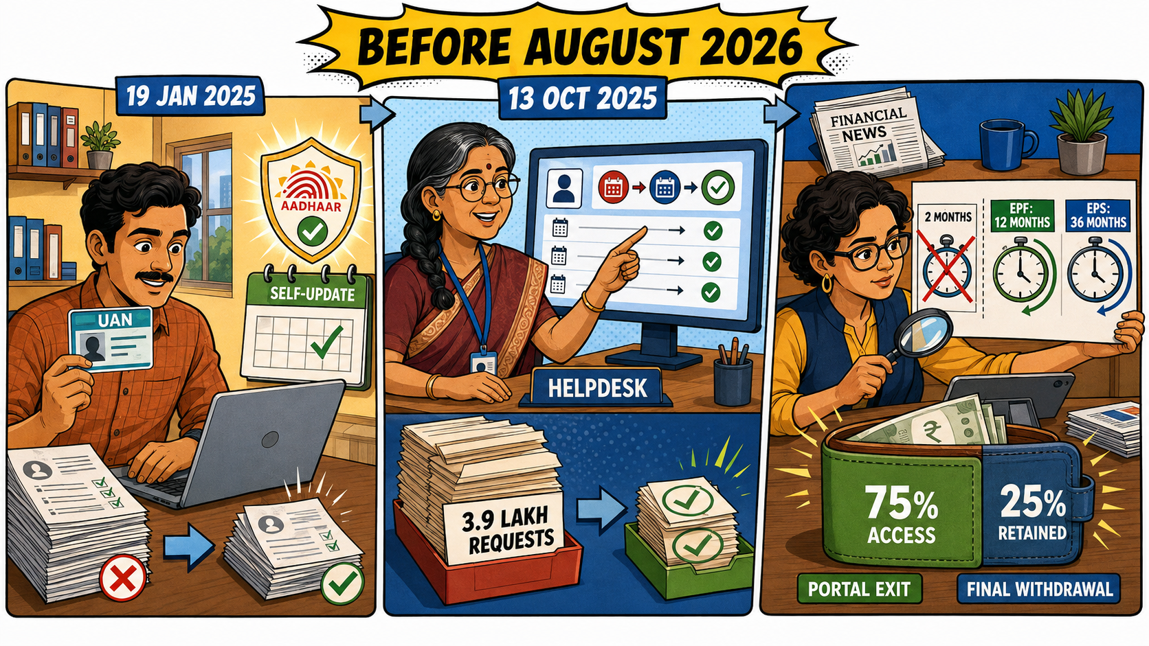 EPF withdrawal and record correction timeline showing Aadhaar-validated UAN updates, EPFO correction requests, revised EPF and EPS withdrawal waiting periods, and 75% PF access with 25% retained.