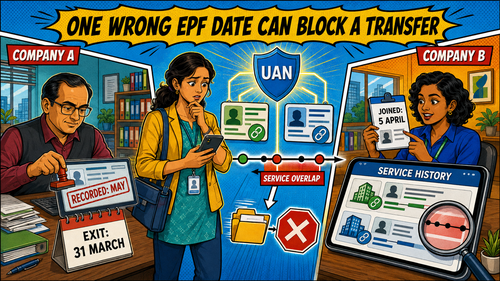 Illustration showing how an incorrect EPF exit date can create service overlap between two employers and potentially block a PF transfer through the UAN service history.