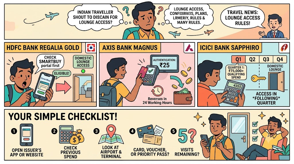 HDFC Regalia Gold, Axis Magnus and ICICI Sapphiro airport lounge access rules, showing eligibility checks, spend requirements and a simple checklist for checking lounge visits, airport terminal, card or voucher, and Priority Pass.