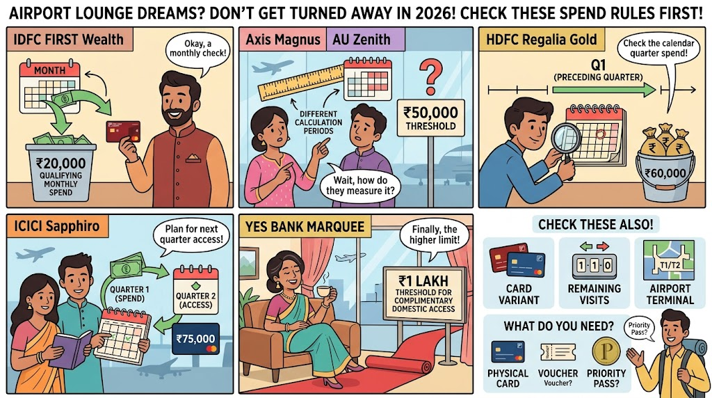 2026 Indian credit card airport lounge access spend requirements, comparing IDFC FIRST Wealth ₹20,000 monthly spend, Axis Magnus and AU Zenith ₹50,000 thresholds, HDFC Regalia Gold ₹60,000, ICICI Sapphiro ₹75,000 and YES BANK MARQUEE ₹1 lakh.