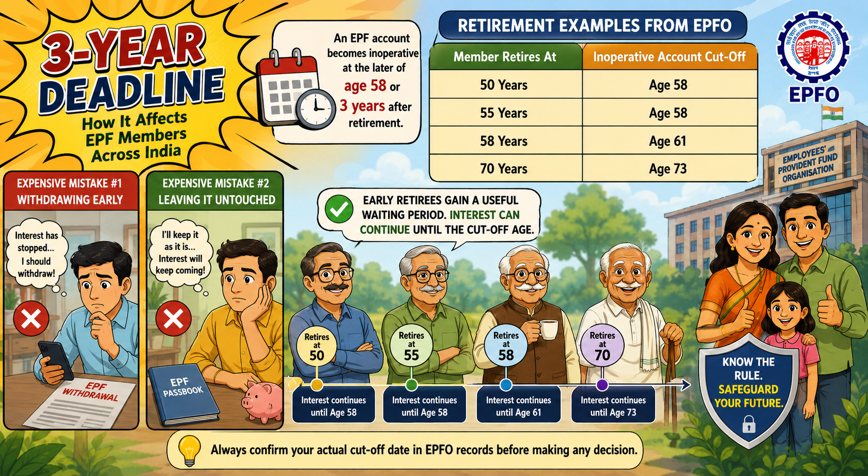EPFO 3-year deadline infographic showing EPF interest cut-off ages for retirement at 50, 55, 58 and 70, with examples of inoperative account dates.