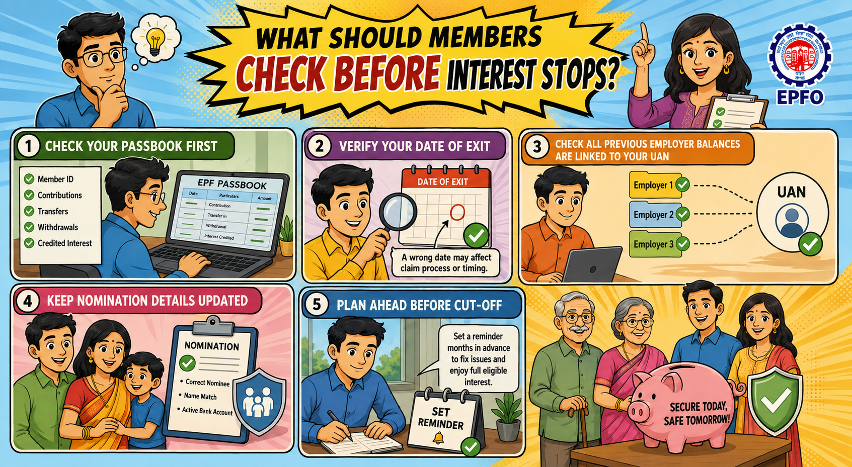 EPFO 3-year retirement deadline checklist showing EPF passbook, exit date, UAN-linked employer balances, nomination details, and planning before the interest cut-off.