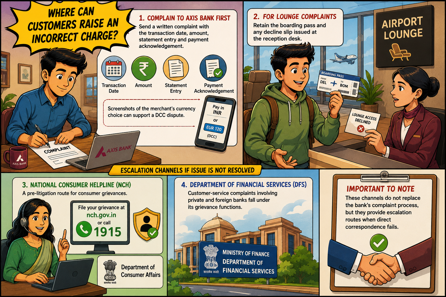 Axis Bank credit card complaint and escalation process, showing how customers can report incorrect charges, retain transaction records and boarding passes, and escalate unresolved complaints through the National Consumer Helpline and Department of Financial Services.