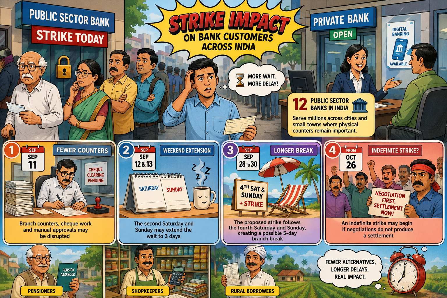 Bank strike impact on customers across India, including public sector bank closures, cheque delays and possible extended breaks in September 2026