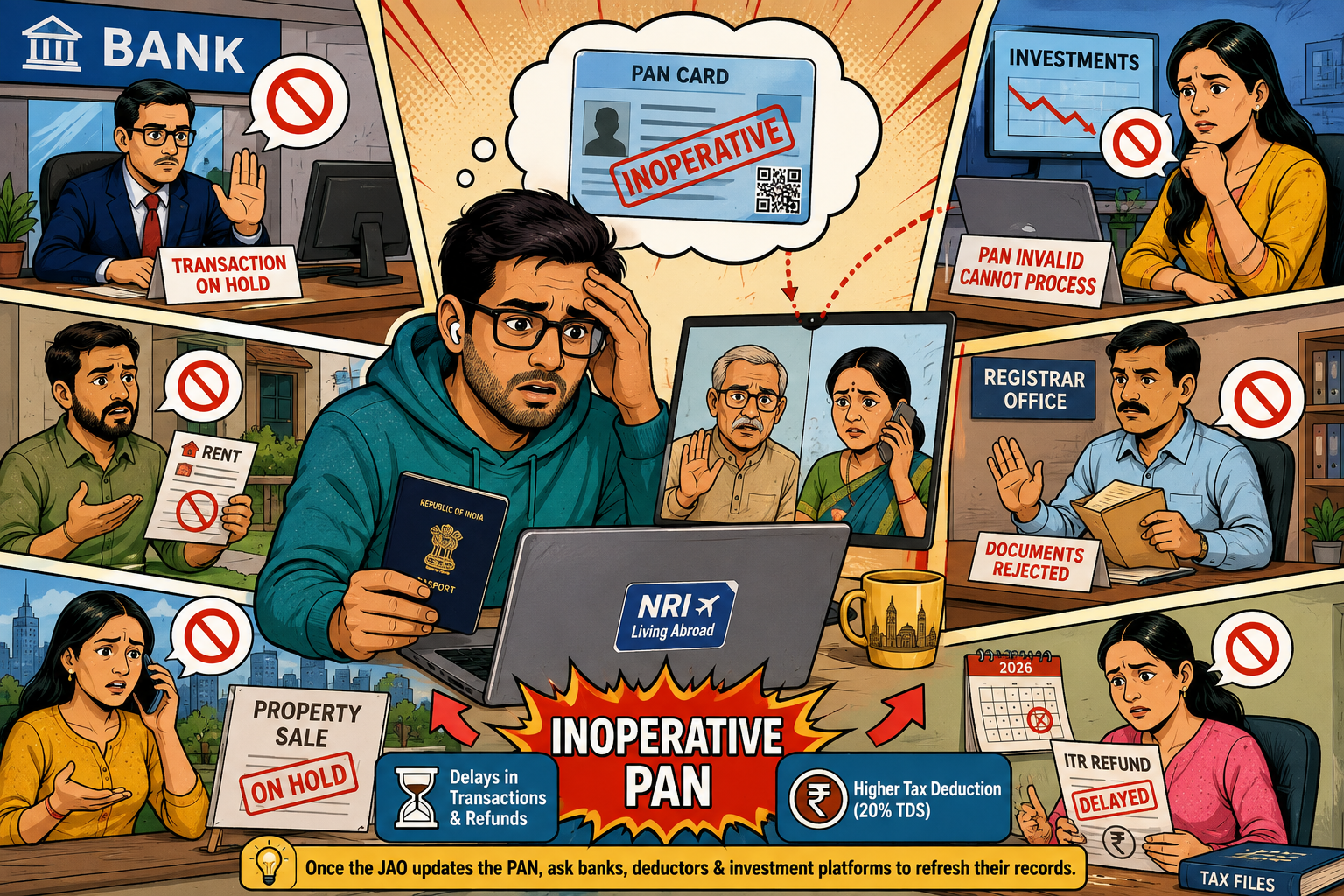 Inoperative PAN for NRIs causing delays in bank transactions, investments, property sales, and ITR refunds, with higher tax deductions and JAO correction guidance.