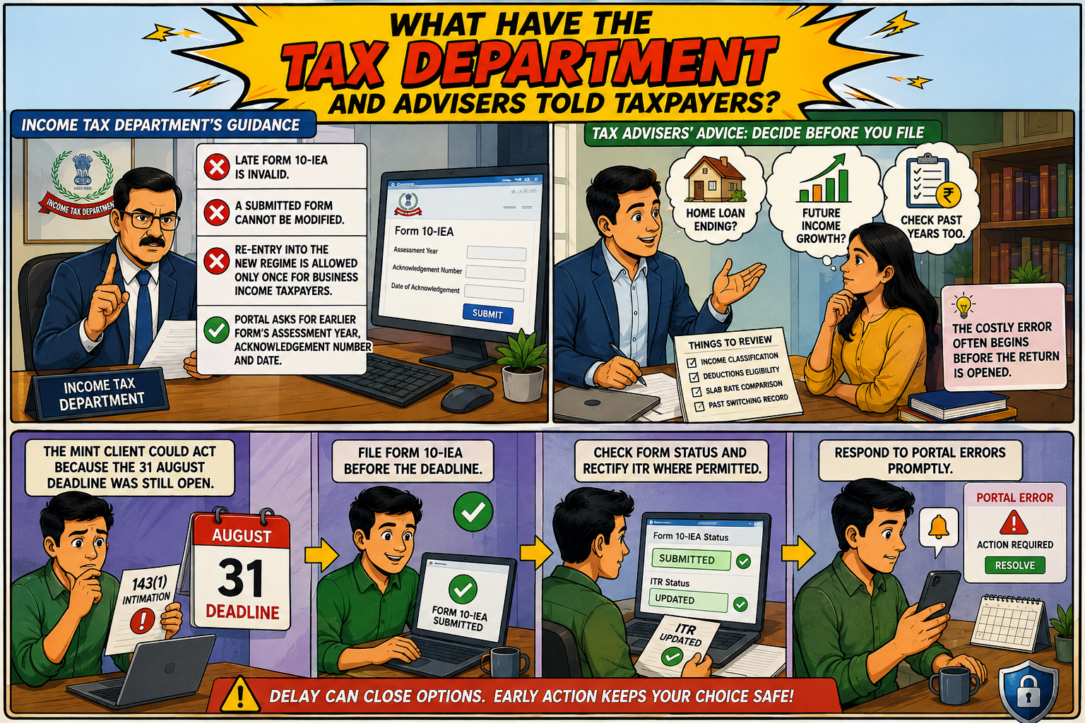 Form 10-IEA tax regime filing guidance showing Income Tax Department rules, August 31 deadline, filing status checks, and advice for business taxpayers choosing the old tax regime. Alt Text for Image 2