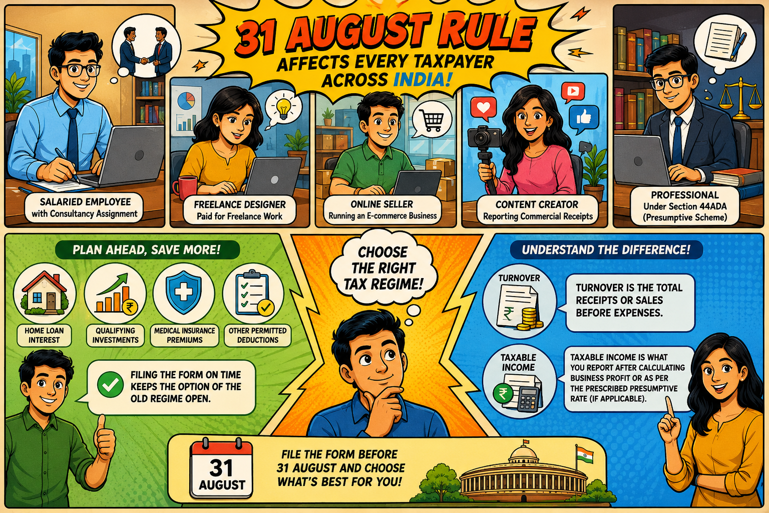 Form 10-IEA deadline infographic showing business taxpayers, freelancers, online sellers, content creators and professionals, with tax regime comparison, deductions and August 31 filing deadline.