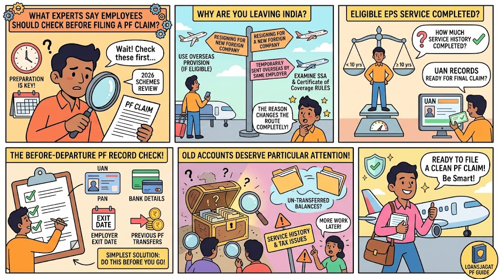 EPF claim checklist for employees moving abroad, covering overseas employment, EPS service eligibility, UAN records, PF transfers, and old account checks before filing a claim.