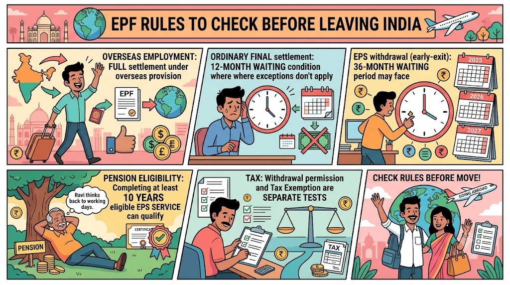 EPF rules for Indians leaving India in 2026, showing overseas EPF settlement, 12-month ordinary final settlement, 36-month EPS withdrawal rule, 10-year pension eligibility, and tax considerations.