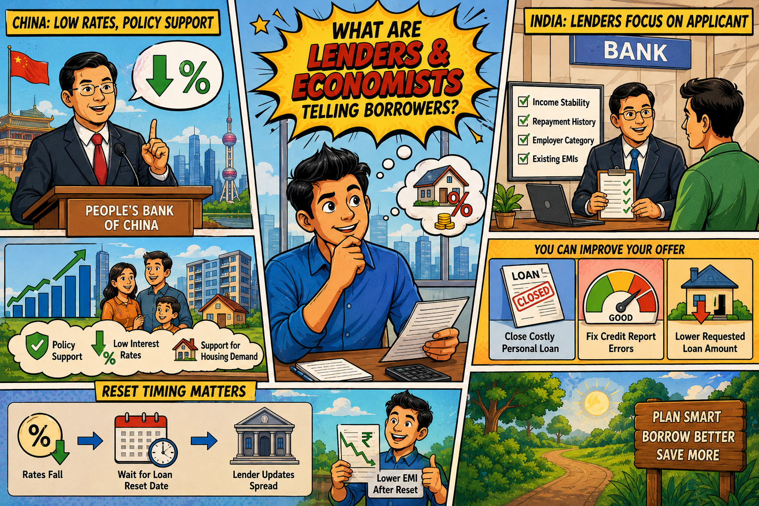 Illustrated infographic comparing lending practices in China and India. The left side shows China with low interest rates and policy support, while the right side shows India with lenders focusing on applicant factors such as income stability, repayment history
