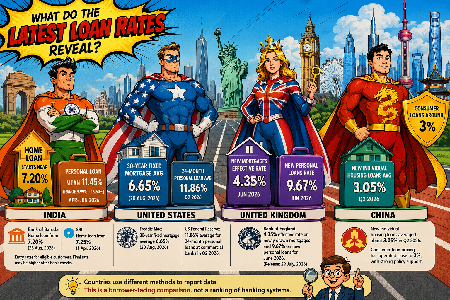 Illustrated infographic comparing latest loan rates in India, the United States, the United Kingdom, and China. It presents home, personal, mortgage, and housing-loan rates for each country, with figures and dates shown beneath national landmarks and superhero-style characters representing each country.