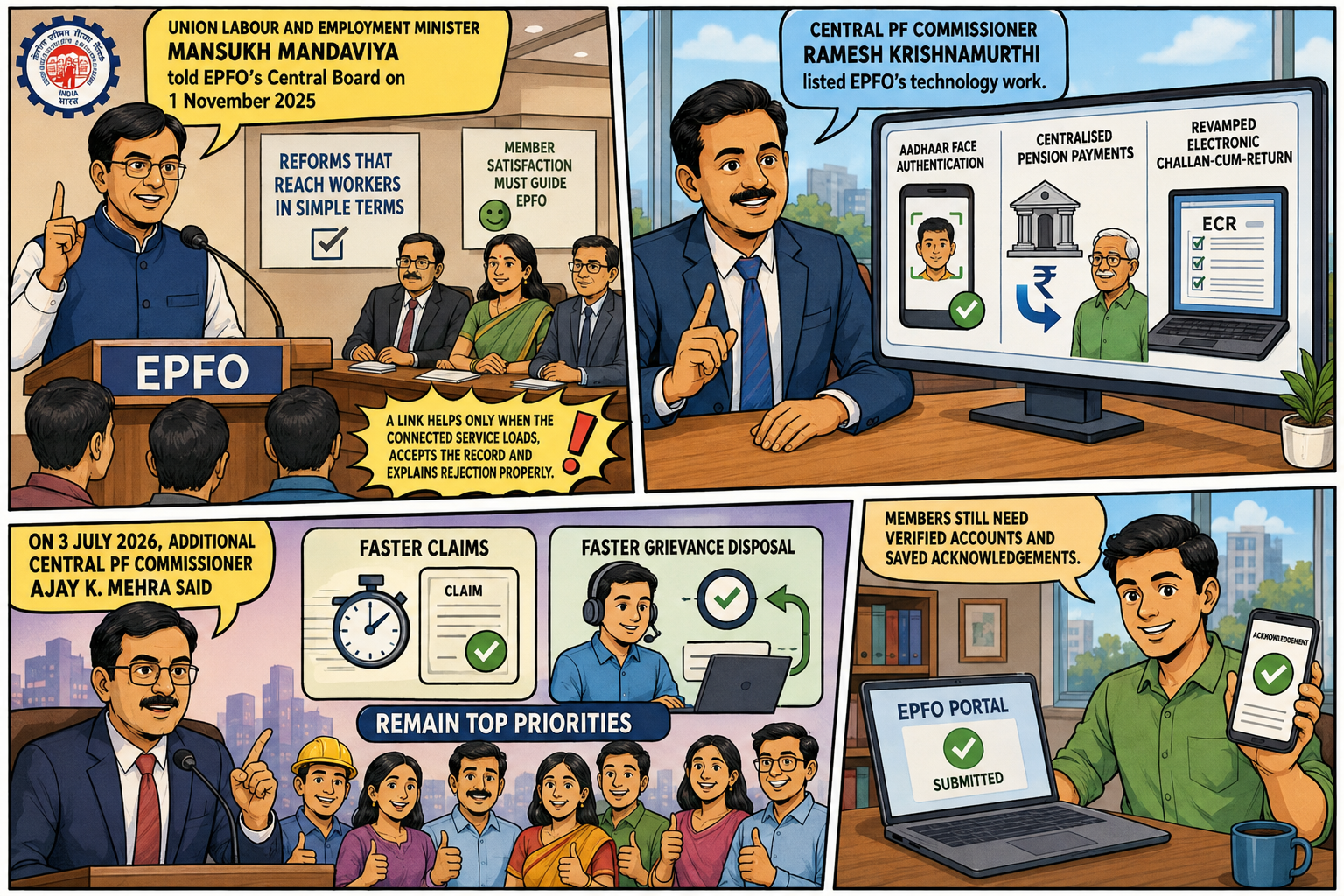 New EPFO portal update showing key digital reforms, including Aadhaar face authentication, centralised pension payments, faster PF claims and grievance disposal.