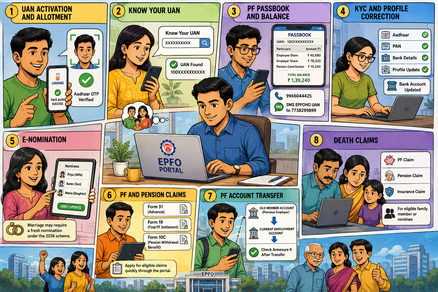 New EPFO portal infographic showing 8 essential services: UAN activation, Know Your UAN, PF passbook, KYC, e-nomination, PF claims, account transfer and death claims.