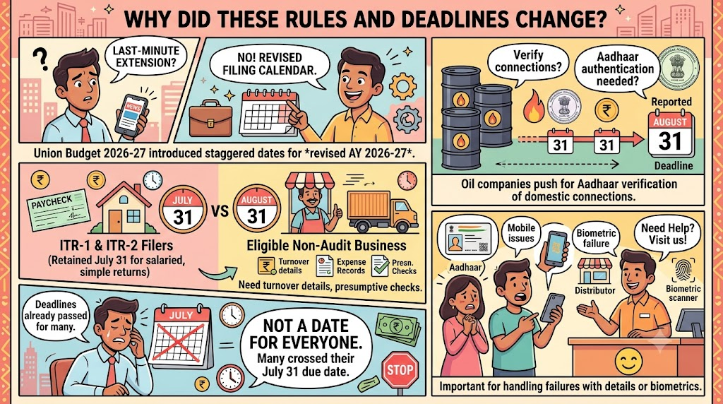 September 2026 money changes explained, including revised ITR filing deadlines, LPG Aadhaar e-KYC verification and August 31 deadlines for Indian taxpayers.