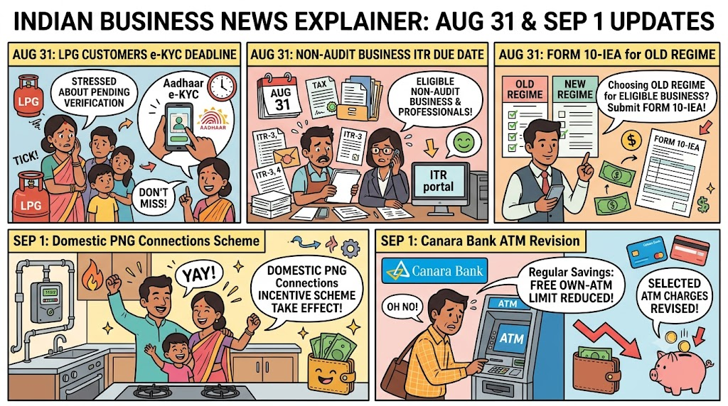 August 31 and September 1 money updates in India, covering LPG e-KYC, non-audit business ITR deadline, Form 10-IEA, domestic PNG incentive scheme and Canara Bank ATM charge changes.