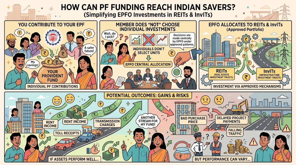 Illustration explaining how EPFO funding can reach Indian savers through REITs and InvITs, including potential returns from rent, tolls and transmission charges and associated investment risks