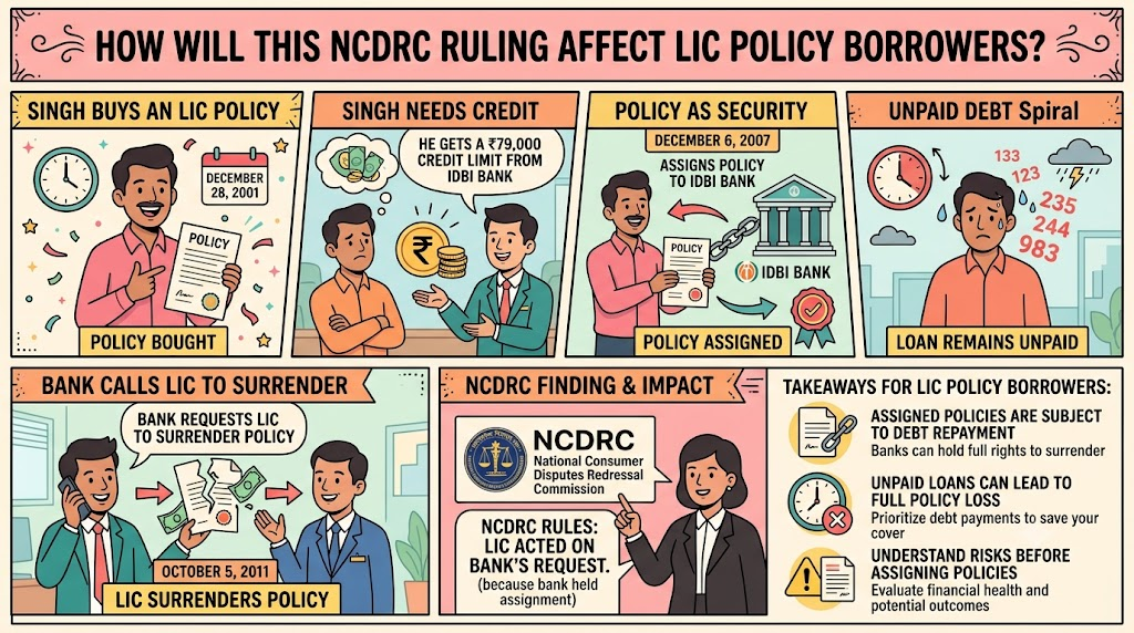 Infographic explaining how an LIC policy assigned to IDBI Bank was surrendered after loan default and the NCDRC ruling’s impact on policy borrowers.