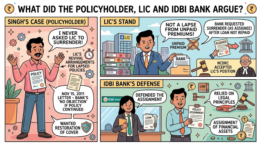 NCDRC LIC policy loan case showing the policyholder, LIC and IDBI Bank arguments over policy surrender after loan default.