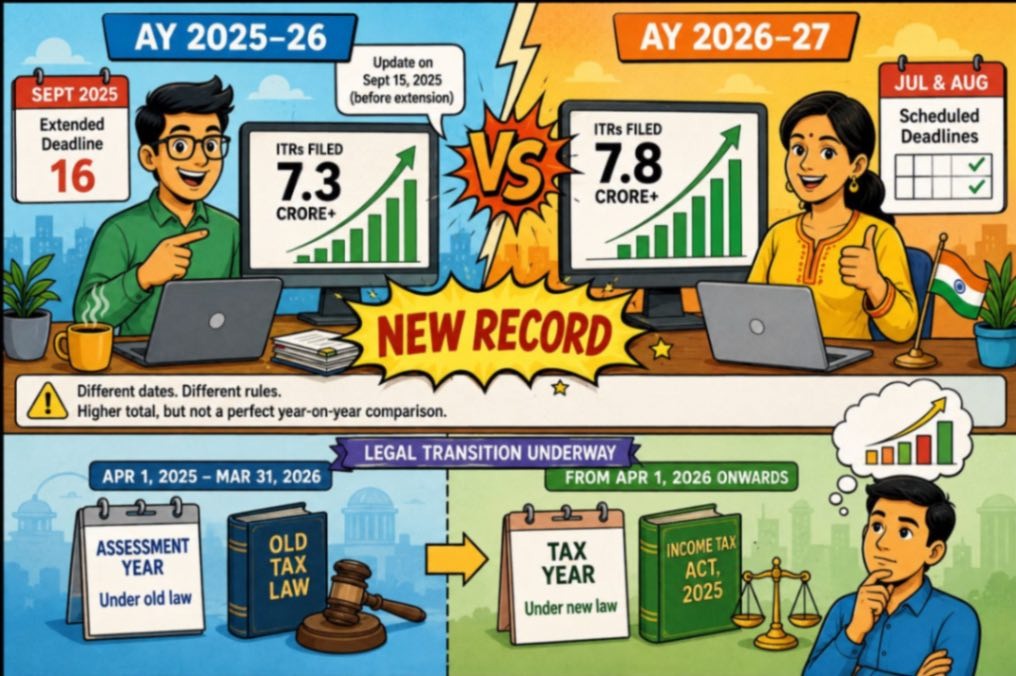AY 2025–26 vs AY 2026–27 ITR filing comparison showing 7.3 crore and 7.8 crore-plus returns, different filing deadlines, and the transition from assessment year to tax year.