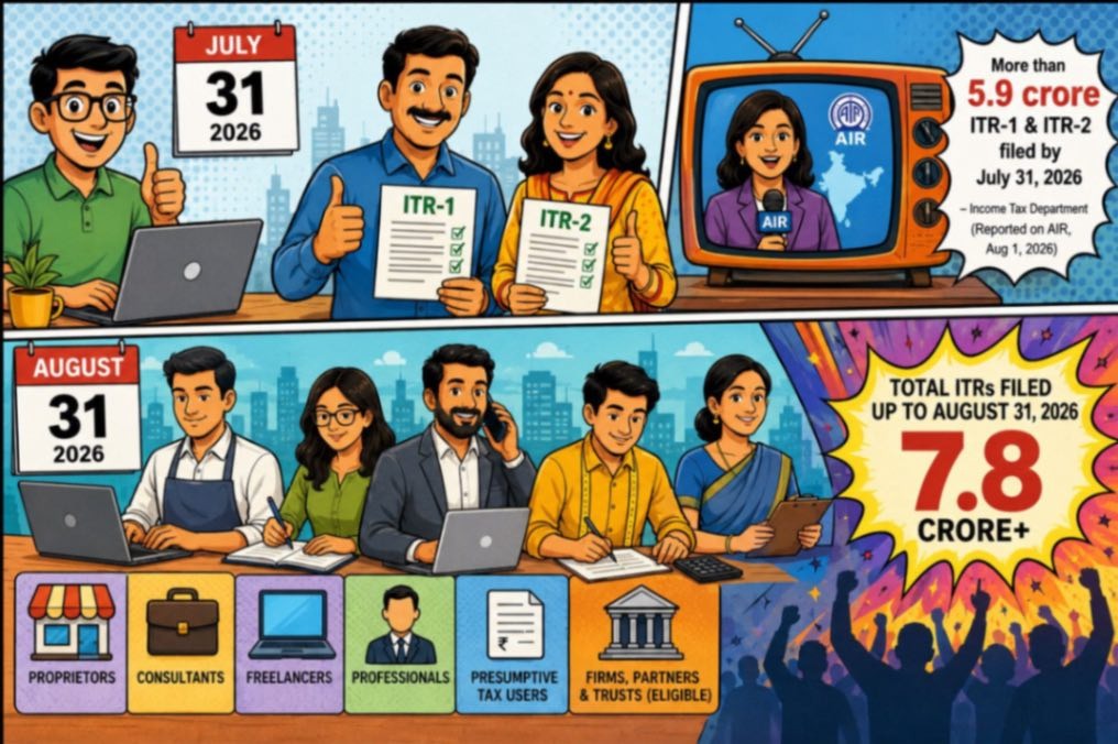 AY 2026–27 ITR filing timeline showing the July 31 deadline, over 5.9 crore ITR-1 and ITR-2 filings, and more than 7.8 crore total ITRs filed by August 31, 2026.