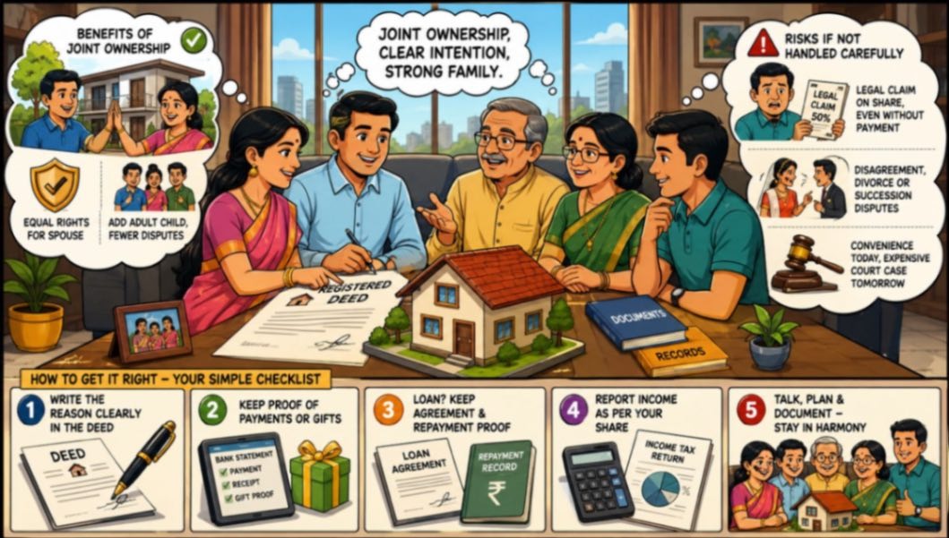 Joint property ownership benefits and risks, with a checklist for documenting ownership, gifts, family loans, payments, income reporting and property records.