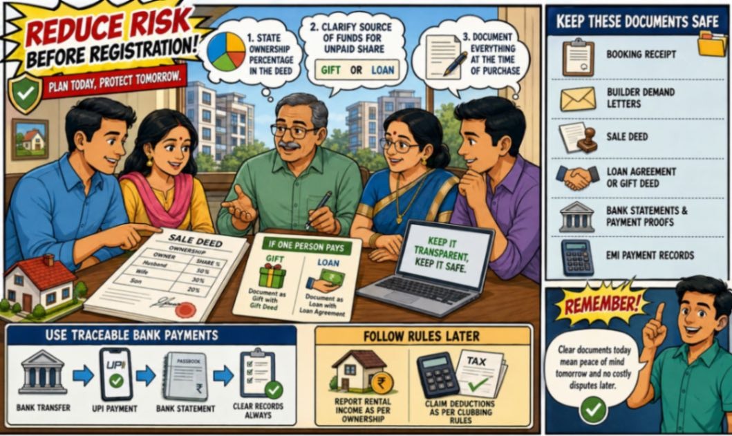 Checklist for reducing property ownership risks before registration, including stating ownership shares, documenting gifts or loans, keeping payment records, using traceable bank transfers and following tax rules.