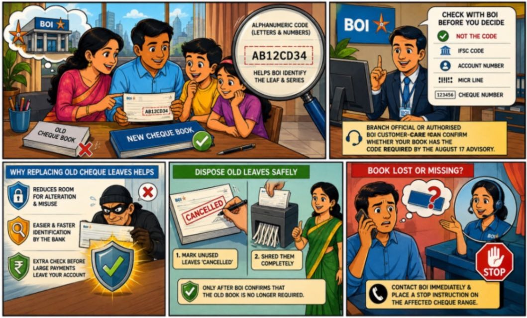 Bank of India cheque book advisory showing the importance of alphanumeric codes, replacing old cheque leaves, safe disposal, and reporting lost or missing cheques.