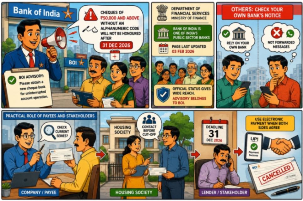 Bank of India advisory stating that cheques of ₹50,000 and above without an alphanumeric code will not be honoured after December 31, 2026, with guidance for payees, housing societies, lenders and stakeholders.