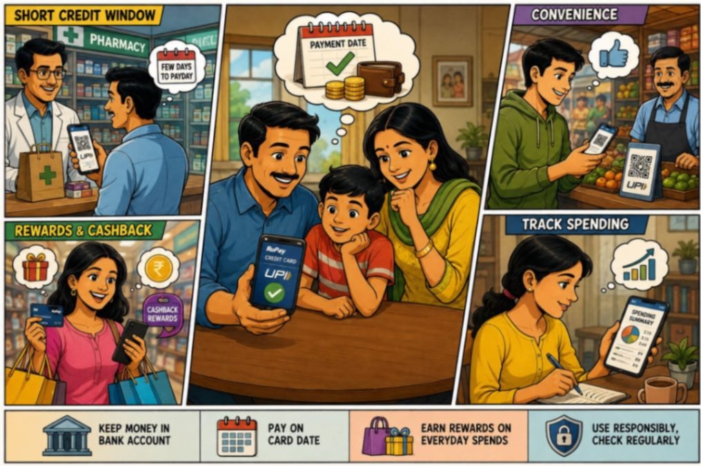 Illustration explaining responsible UPI and credit card usage, highlighting short credit windows, convenience, rewards and cashback, tracking spending, paying on the card due date, keeping money in a bank account, and using credit responsibly.