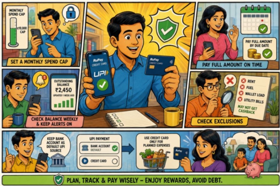 Illustration showing responsible credit card and UPI use, including setting a monthly spending cap, checking the balance weekly, paying the full amount on time
