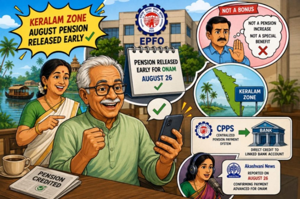 EPFO Keralam Zone August pension released early on August 26 for Onam, with direct bank credit through the CPPS system.