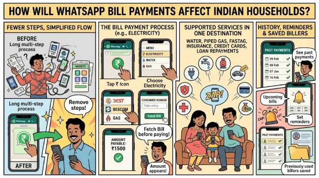 How WhatsApp Bill Payments can simplify household bill payments, with electricity payment steps, supported services, saved billers, payment history, and reminders