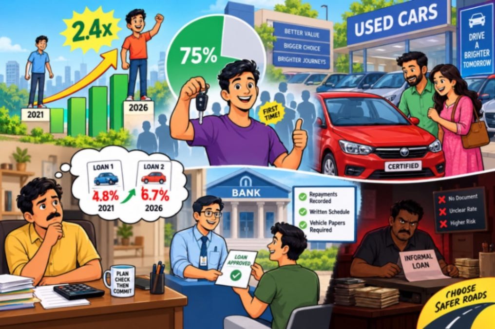 Used-car loan market growth showing 2.4x borrower expansion, 75% new borrowers and multiple loan risks