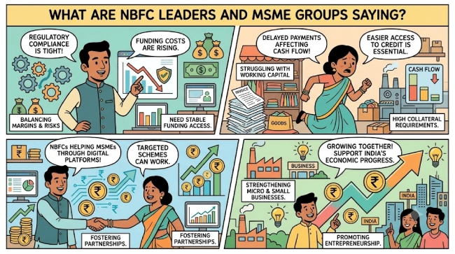 RBI revolving credit debate showing NBFC leaders and MSME groups discussing funding costs, working capital, cash flow, credit access and support for small businesses.