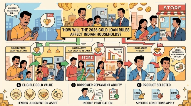 Gold Loan Rules 2026 showing 85% LTV for consumption loans up to ₹2.5 lakh, lower LTV limits for larger loans, and factors affecting gold loan eligibility.