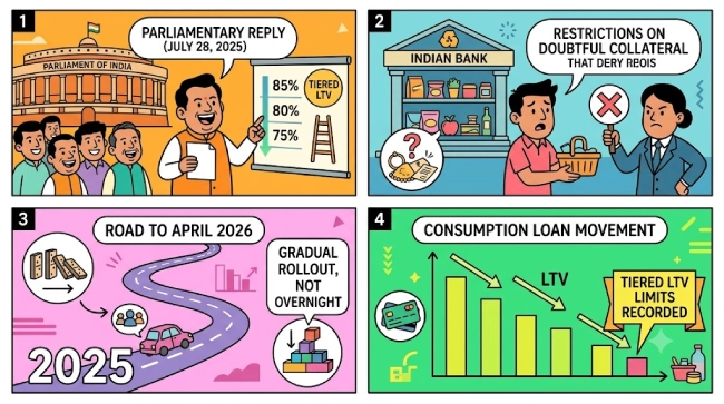 Timeline infographic showing India’s gold loan rule changes from the July 2025 parliamentary reply through the gradual rollout toward April 2026, including tiered LTV limits and collateral restrictions.