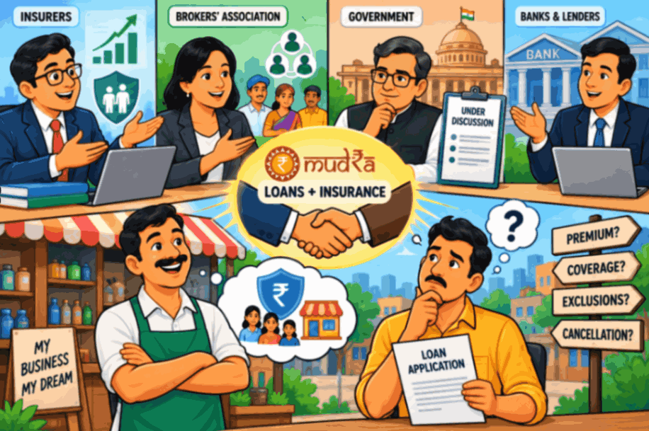 Mudra loans with insurance concept showing insurers, brokers, government, banks and small-business borrowers discussing premiums, coverage and policy terms.