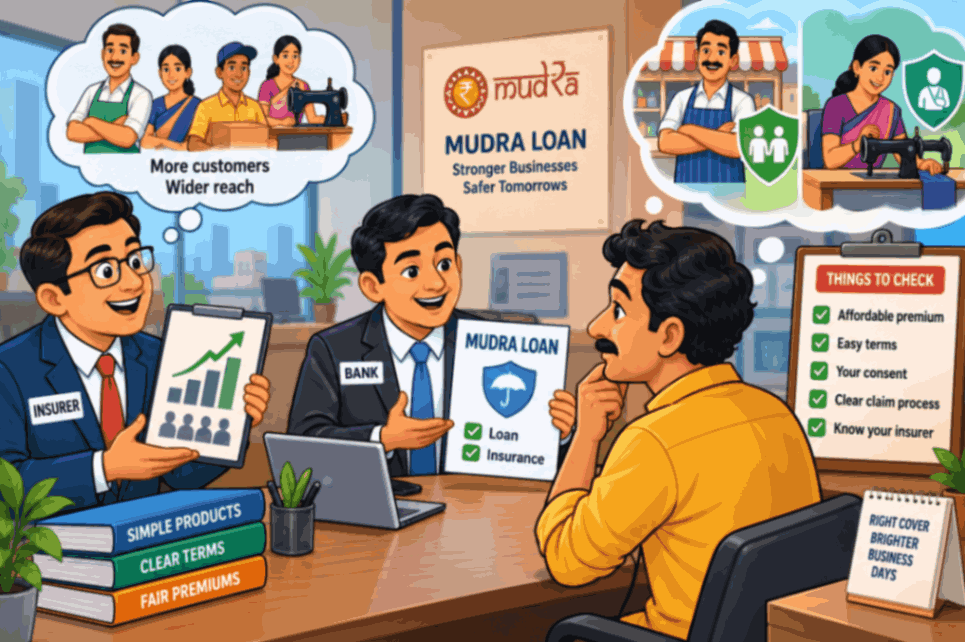 Mudra loan insurance illustration showing a bank, insurer and small-business borrower reviewing affordable premiums, clear terms, consent and claim processes.