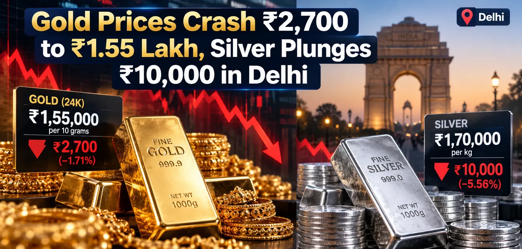 Gold Prices Crash ₹2,700 to ₹1.55 Lakh, Silver Plunges ₹10,000 in Delhi